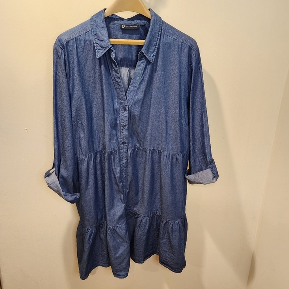 New York and Company Denim Chambray Button Front Roll up Sleeves Shirt D… - Picture 7 of 14